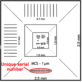 EM-Tec MCS-1TR-XY traceable magnification calibration standard, 2.5mm to 1µm in both X and Y direction